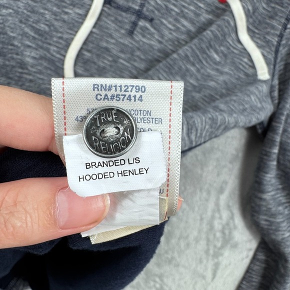 True Religion Hooded Henley Sweatshirt Men's XL Blue Long Sleeve Pullover Logo - Picture 8 of 13